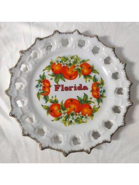 Vintage MCM Florida Oranges Reticulated Souvenir Plate 8.5" Porcelain Novelty
